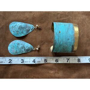 Handmade Wrist Cuff and Matching Earrings Blue and Brass